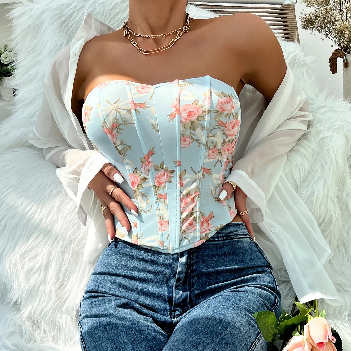 Women Floral Top Sexy Spicy Girl Tank Top Low cut Open Back Flower Wrapped Chest Diamond Fish Bone Strap Waist Vest Tank Top