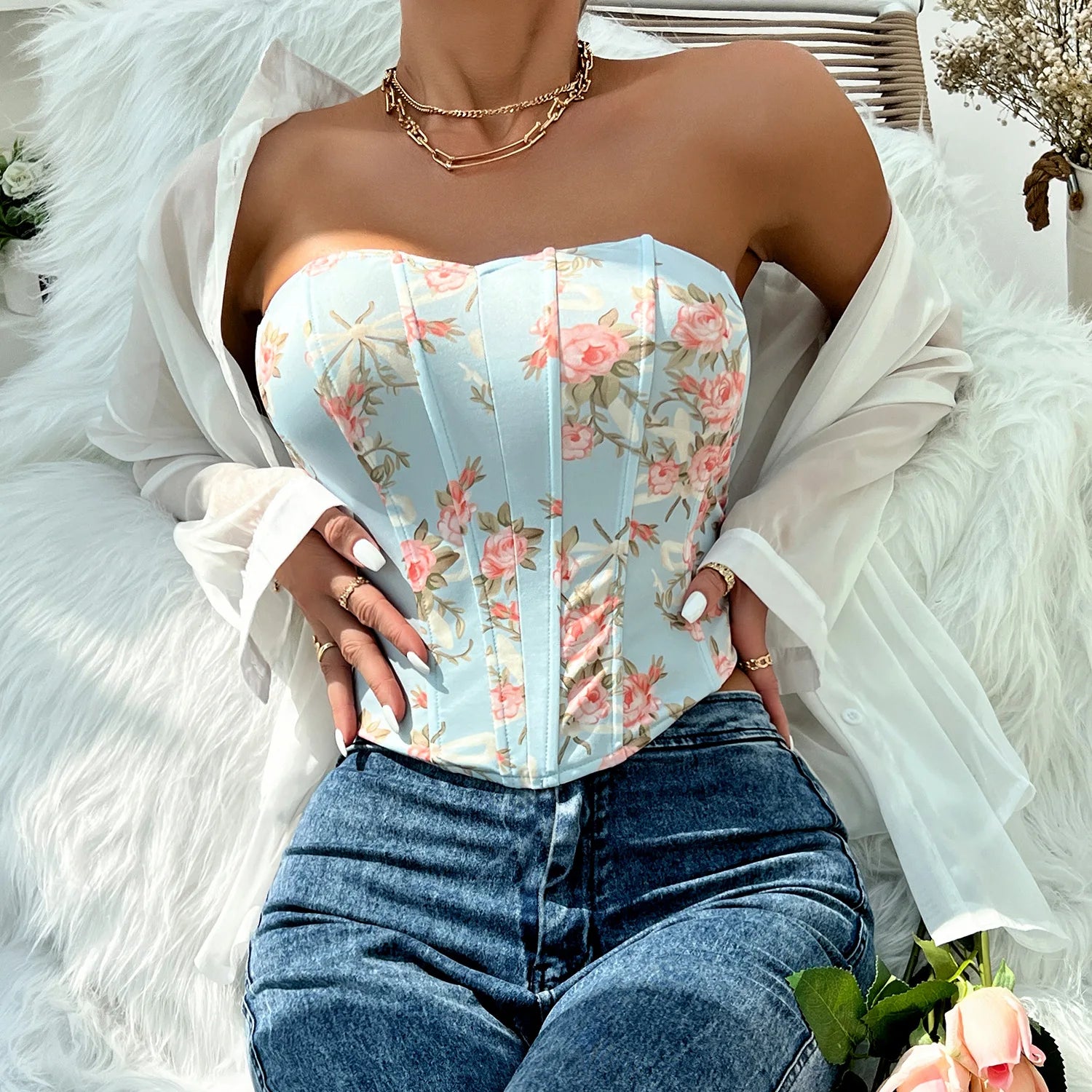 Women Floral Top Sexy Spicy Girl Tank Top Low cut Open Back Flower Wrapped Chest Diamond Fish Bone Strap Waist Vest Tank Top