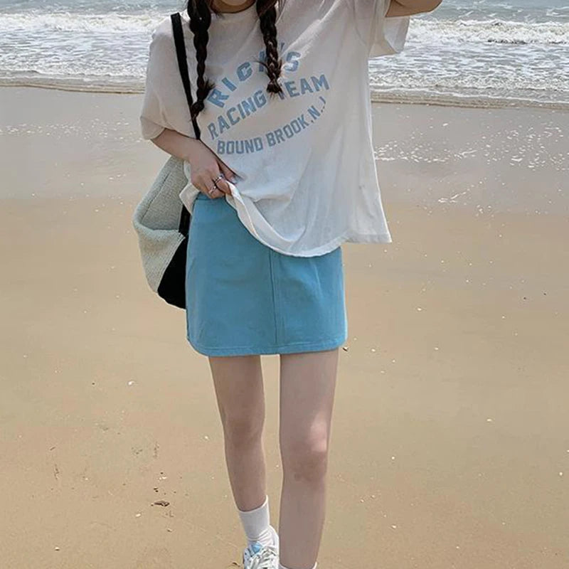 JMPRS Sweet Pink Women Denim Skirts High Waist Student A Line Korean Solid Mini Skirt Causal Summer Vintage Ladies Jeans Skirt