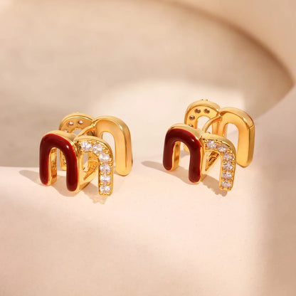 Wine Red Enamel Earrings For Women Copper Gold Plated Trendy Female Ear Studs Girls Charming Jewelry
