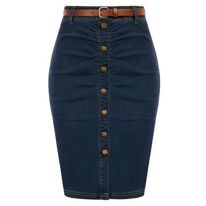 BP Women Vintage Jean Skirt With Belt High Waist Ruched Front Bodycon Skirt