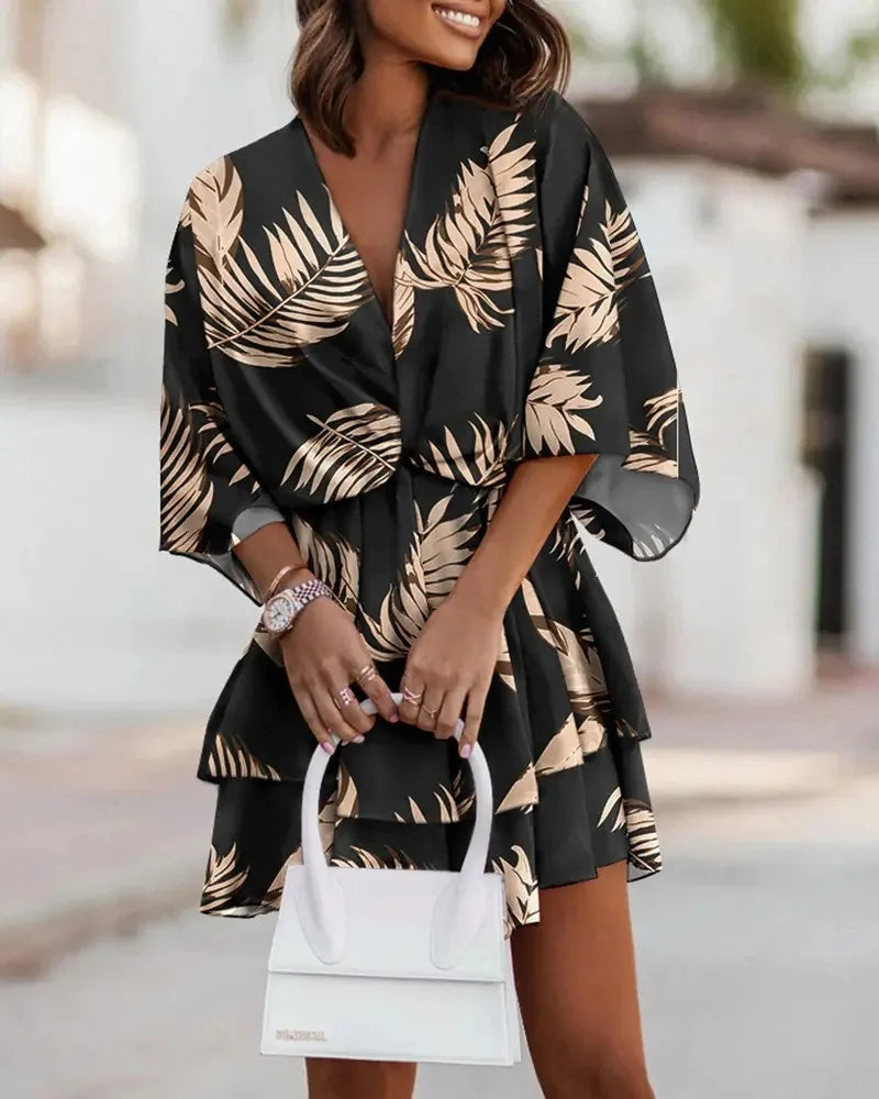 Women Dresses Fashion Vacation Sundress Women's Bat Sleeve Ruffles Dresses Summer Irregular Mini Dress