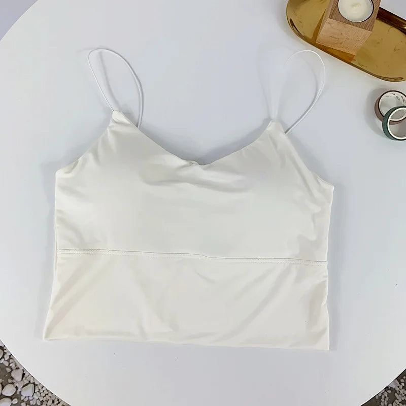 Sexy Women Crop Tops Ice Silk Summer Bra Sports Spaghetti Strap Vest Top Women Built In Bra Off Shoulder Sleeveless Camisole