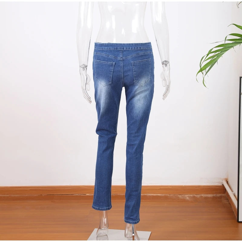 Sexy Stretchy Jeans Women High-waisted Double Breasted Slim Denim Pants Elastic Waist Female Fashion Tight Skinny Denim Trousers
