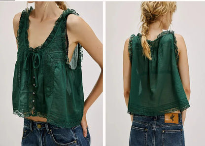 Women Sexy Crop Tops Sleeveless Boho Free Style Tank Tops Splice Lace Hippie Tops Button Down Summer Caimis Tee Top Female Cloth