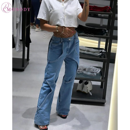 Women's Unique High Waist Vintage Streetwear Baggy Patchwork Design Jeans Casual Daily Slimming Pants High Quality Trousers
