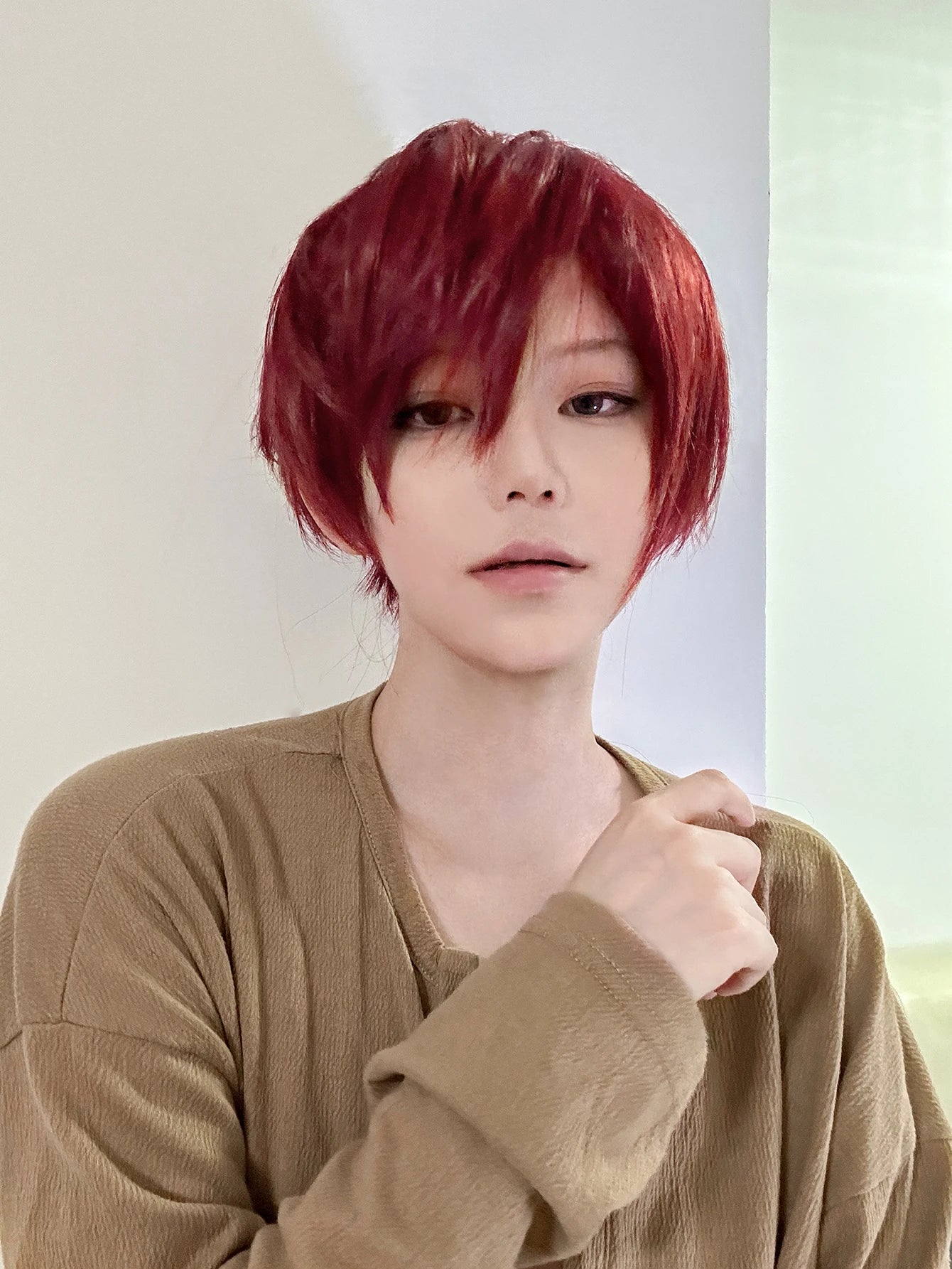8Inch Wine Red Color Handsome Synthetic Wigs With Bang Short Straight Hair Wig For Man or Women Daily Use Cosplay Heat Resistant