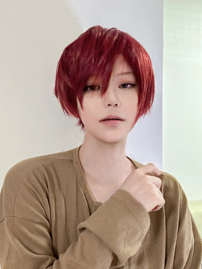 8Inch Wine Red Color Handsome Synthetic Wigs With Bang Short Straight Hair Wig For Man or Women Daily Use Cosplay Heat Resistant