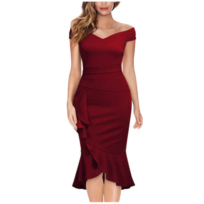 Women's elegant party dresses Off Shoulder V-Neck Ruffle Pleat Waist Slit Dress classic fishtail skirt  traf vestidos para mujer