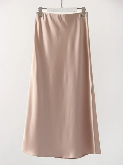 Long Satin Skirts For Women Summer High Quality Skirt With Slit On The Side Silk Elegant Black Maxi Luxury Women's Skirts 2025