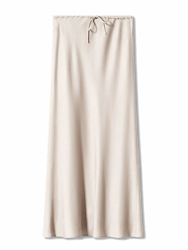 Long Black Satin Skirts Women For Work Summer Autumn Straight Brown Skirt Long Belt Coffee Formal Silk Maxi Skirt For Ladies