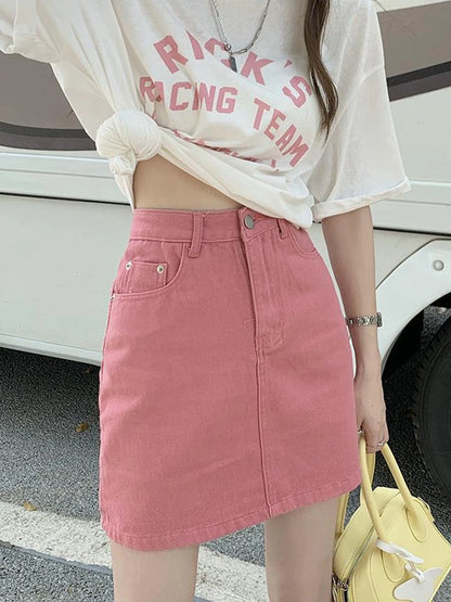JMPRS Sweet Pink Women Denim Skirts High Waist Student A Line Korean Solid Mini Skirt Causal Summer Vintage Ladies Jeans Skirt