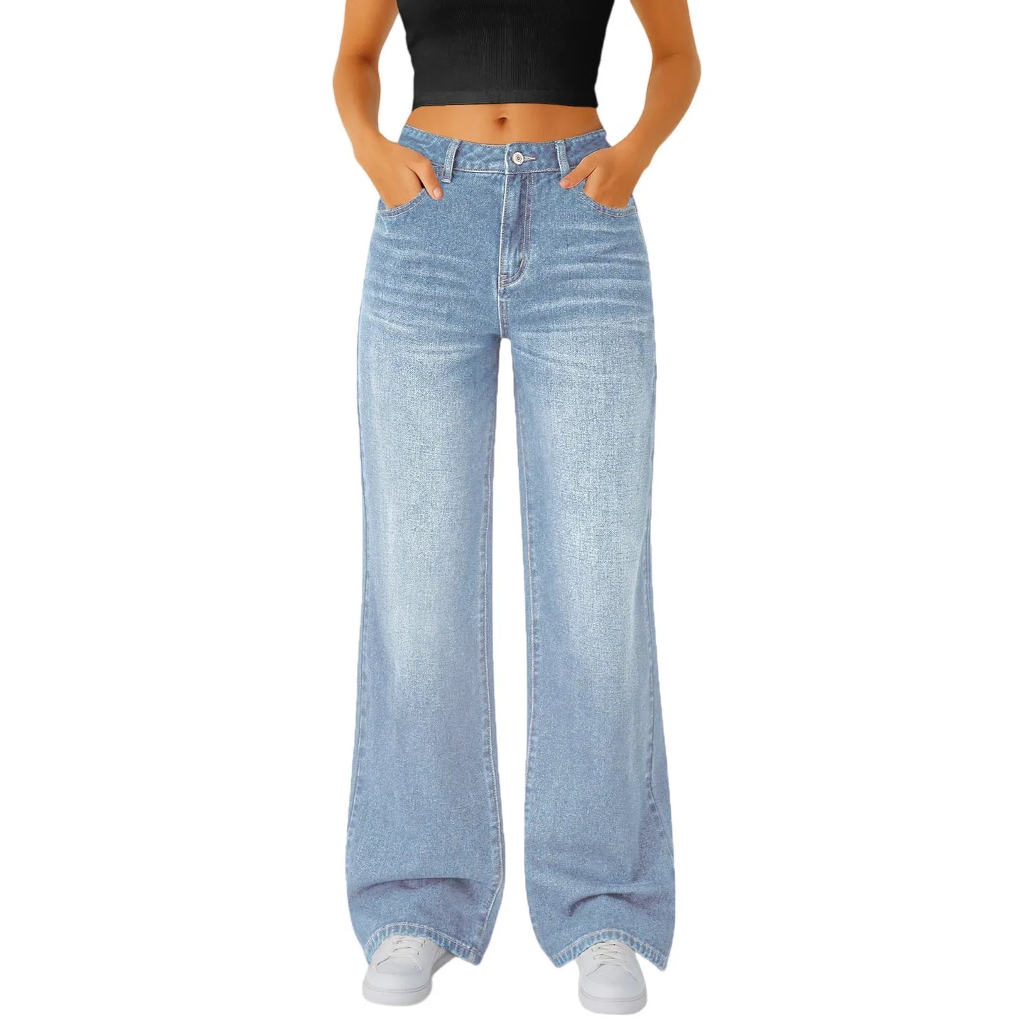 Jeans Women Straight Long Pants Casual Floor Length Mom Pant Blue High Waist Elegant Zipper Fly Pockets Slim Y2k Denim Trousers