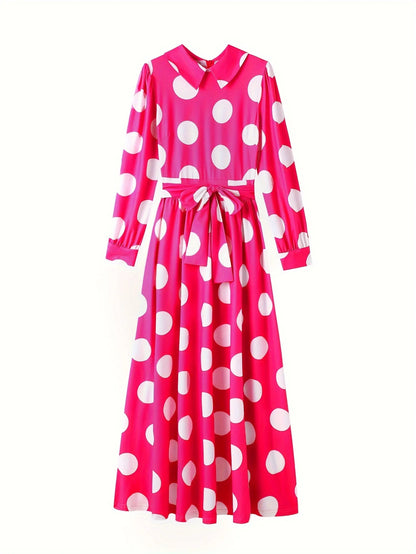 Casual Dresses Elegant Women Long Dress Sleeve Female Robe Bow Knot Polka Dots Girl's Vestidos Lady's Maxi Dresses