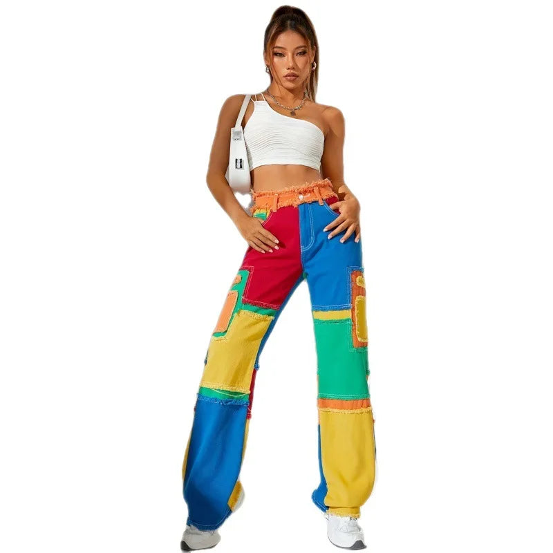 Women's Colorful Jeans Personality Street Pants Slim Fashion Color-blocked Street Corner Horn Jeans for Girls Stage Show Style