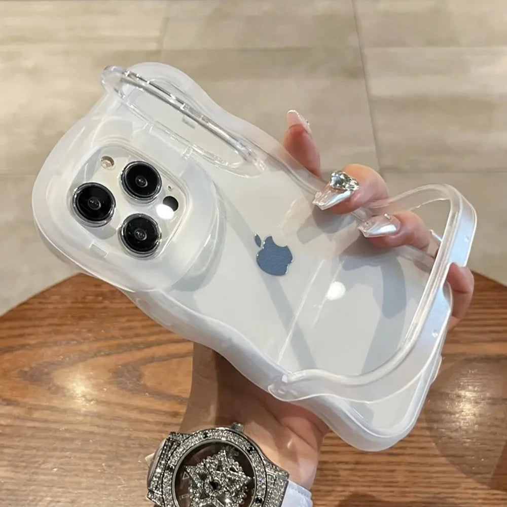 2IN1 Folding Stand Wave Clear Phone Case For iPhone 16 15 11 12 13 14 Pro Max X XR Fashion 3D Curly Shockproof Protective Cover