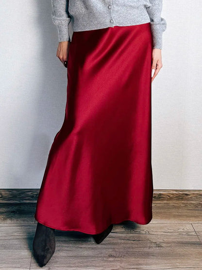 Long Black Satin Skirts Women For Work Summer Autumn Straight Brown Skirt Long Belt Coffee Formal Silk Maxi Skirt For Ladies