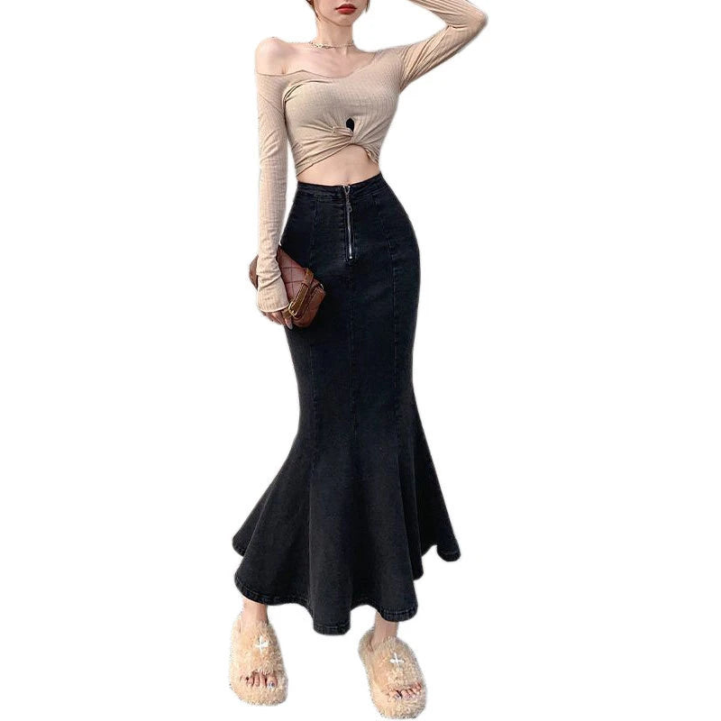Long Denim Skirt for Women High Waist Autumn Blue Slim Jean Fishtail Skirt Korean Fashion Skinny Solid Elastic Slit Skirt Women