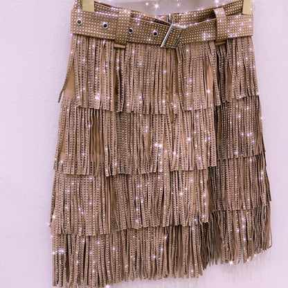 Women Skirt Fashion 2025 New Autumn High Waist Belt Multi Layer Short  Heavy Drilling Rhinestones Fringed Skirt with Cake A Line