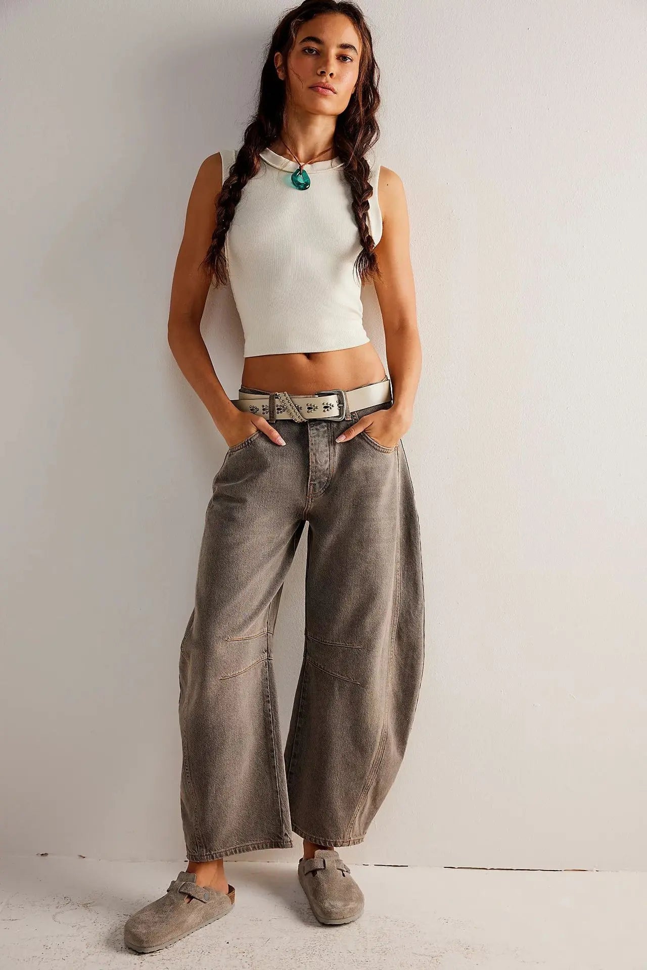 Cotton Denim Long Jeans For Women Trousers Casual  High Waisted Jeans Cropped Pants For Spring Summer Boho Beach Baggy Jeans