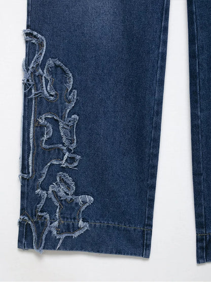 European style new women's fashion versatile temperament straight embroidered low waist jeans trousers