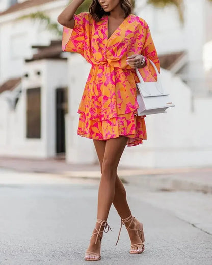 Women Dresses Fashion Vacation Sundress Women's Bat Sleeve Ruffles Dresses Summer Irregular Mini Dress