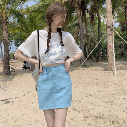 JMPRS Sweet Pink Women Denim Skirts High Waist Student A Line Korean Solid Mini Skirt Causal Summer Vintage Ladies Jeans Skirt