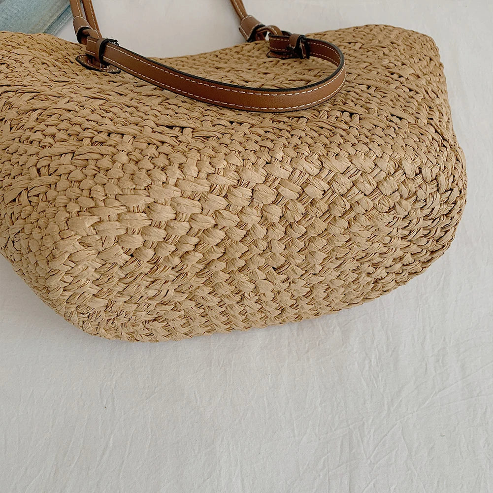 Women Woven Tote Bag Simple Woven Handbag Large Capacity Stylish Weaving Bag Tote Clutch Bags Chic Hobo Bag for Party Vacation
