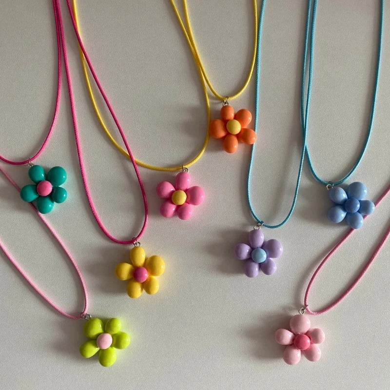 Colorful Flower Necklace Statement Pendant Necklace Floral Design Neck Jewelry Rope Necklace Perfect Gift for Women Girl
