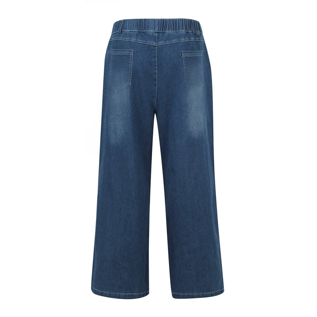 New Wide Leg Jeans For Women Seamed Front Wide Leg Jeans Solid Color Casual Fashion Straight Elastic Waist Trousers For Women