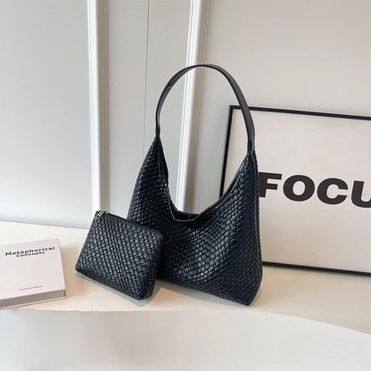Women Large Shoulder Bag with Pouch Top Handle Bag Trendy PU Woven Tote Bag Leather Armpit Handbag Commuting Bag
