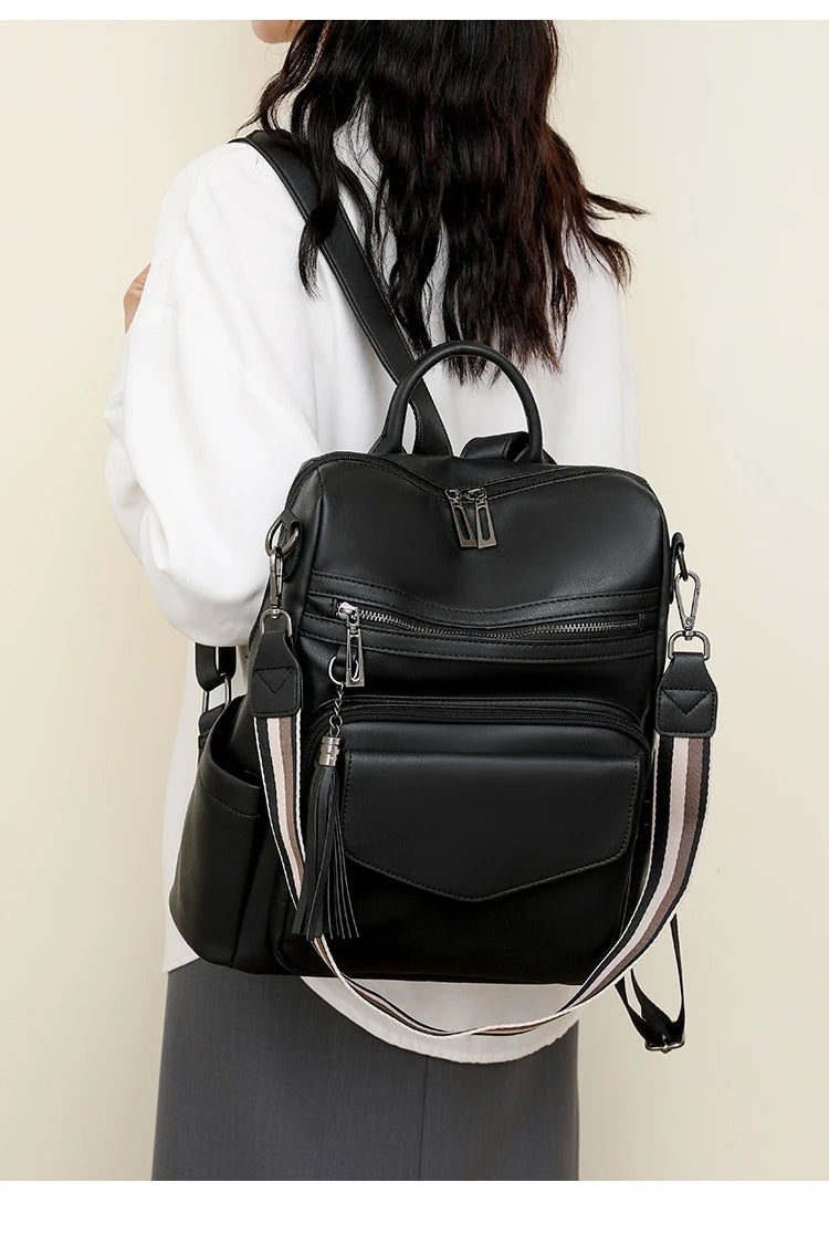 Backpack for Women Large Womens Backpack Leather Travel Fashion Purse Designer Ladies Shoulder Bags with Tassel Two-toned Brown
