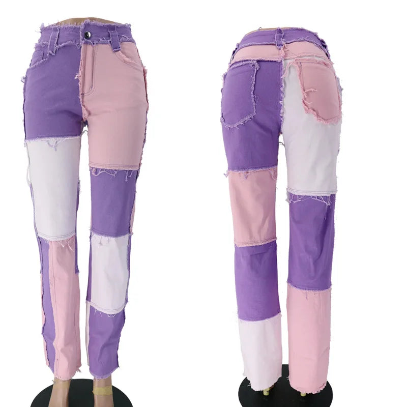 2025 Hot Sale Mixed Color Patchwork Jeans For Women Fashion High Stretch Denim Straight Pants Street Hipster Trousers XS-2XL