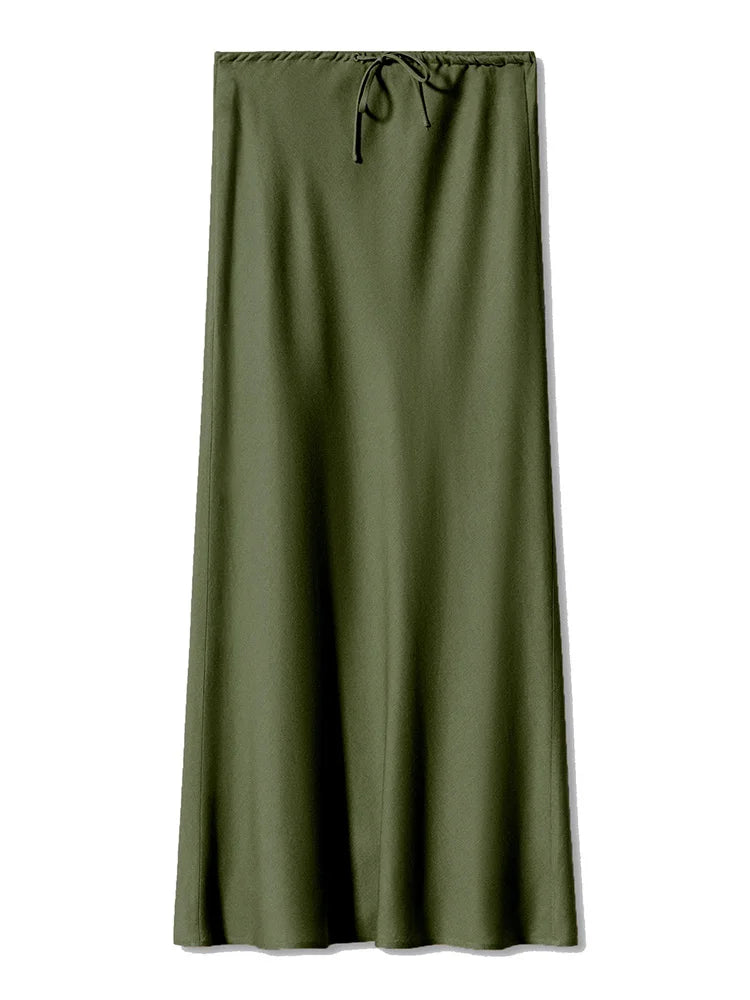Long Black Satin Skirts Women For Work Summer Autumn Straight Brown Skirt Long Belt Coffee Formal Silk Maxi Skirt For Ladies