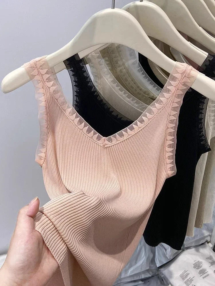 Women Summer Fashion Thin Knitted Undershirt Sleeveless Corset Top Half High Neck Comfortable Breathable Lace Tank Top 2025