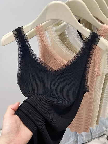 2025 Women Summer Fashion Thin Knitted Undershirt Sleeveless Corset Top Half High Neck Comfortable Breathable Lace Tank Top New