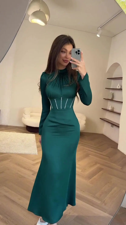 Women Muslim Dresses Slim Party Evening Dress Long Sleeve Pleated Lace-up Irregular Robe Maxi Dress Dubai Abaya Elegant Vestidos