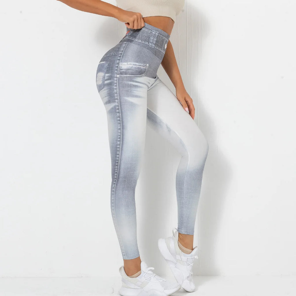 Push Up Yoga Pants Women Fitness Leggings Imitation Jeans Patchwrok Scrunch Tights High Waist Leggings Gym Workout Sport Leggins