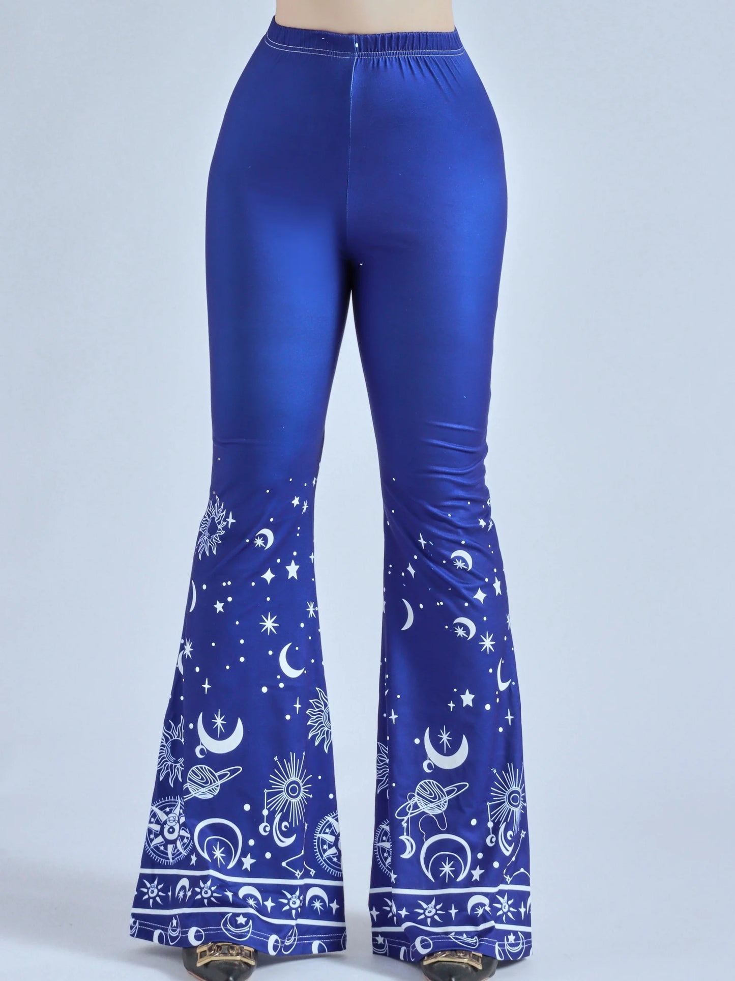 Blue Cashew Flower Printed Bell Pants For Women With Slim Fit High Waist Casual Comfort And High Elasticity