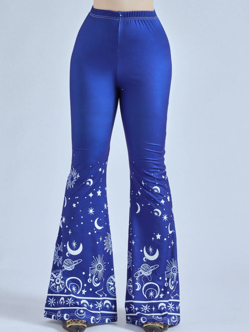 Blue Cashew Flower Printed Bell Pants For Women With Slim Fit High Waist Casual Comfort And High Elasticity