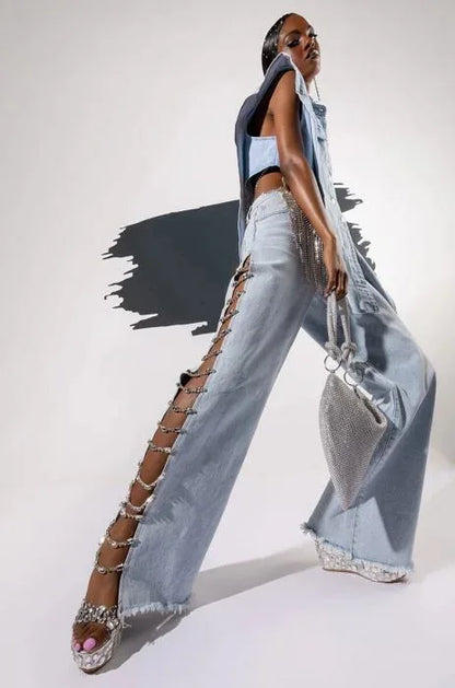 High Waist Ripped Jeans for Women Summer Thin Side Slit Pants Women Denim Long Jeans with Drill Chains Straight Wide-leg Jeans