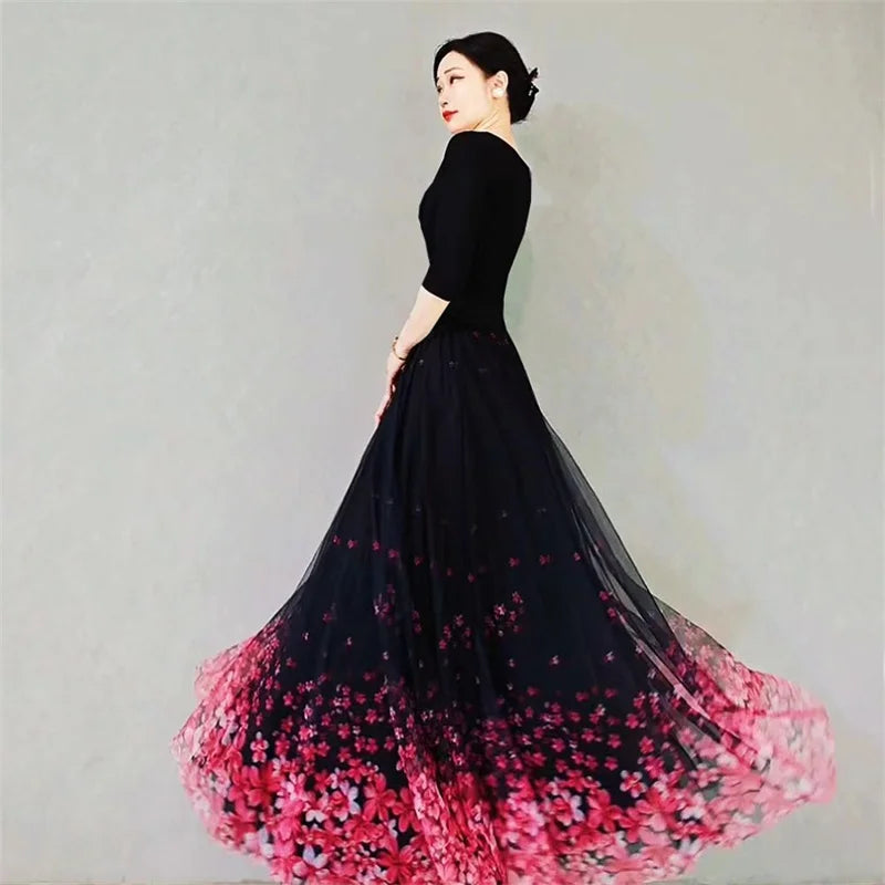 Skirt Women's Long Skirt 2024 New High Waist Slim A-line large Swing Skirt Female A-Line Skirts Summer Sakura Gradient Long Skir