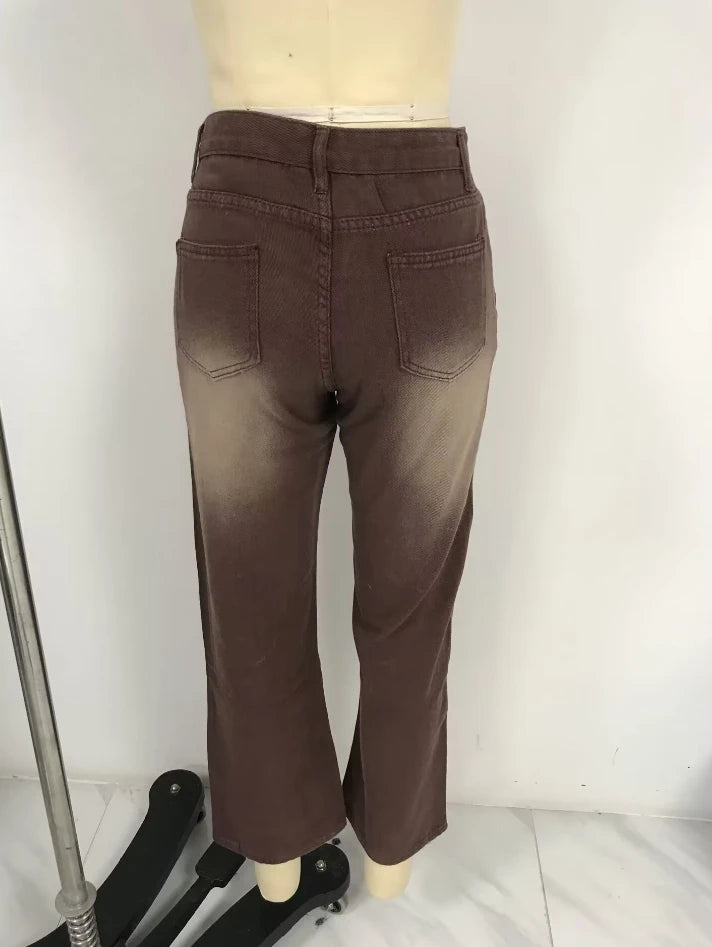 Women's Denim Trousers 2025 Autumn Winter Latest Irregular Print Loose Pants Low Waist Pleats Washed Worn Multi Colored Jeans