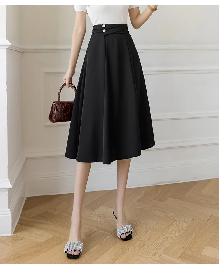 Women's Skirts High Waist Sweet Girl's Mid-calf Skirt Solid Skirts for Women Vintage Long Fashion 2023 Kawaii Summer Women Skirt