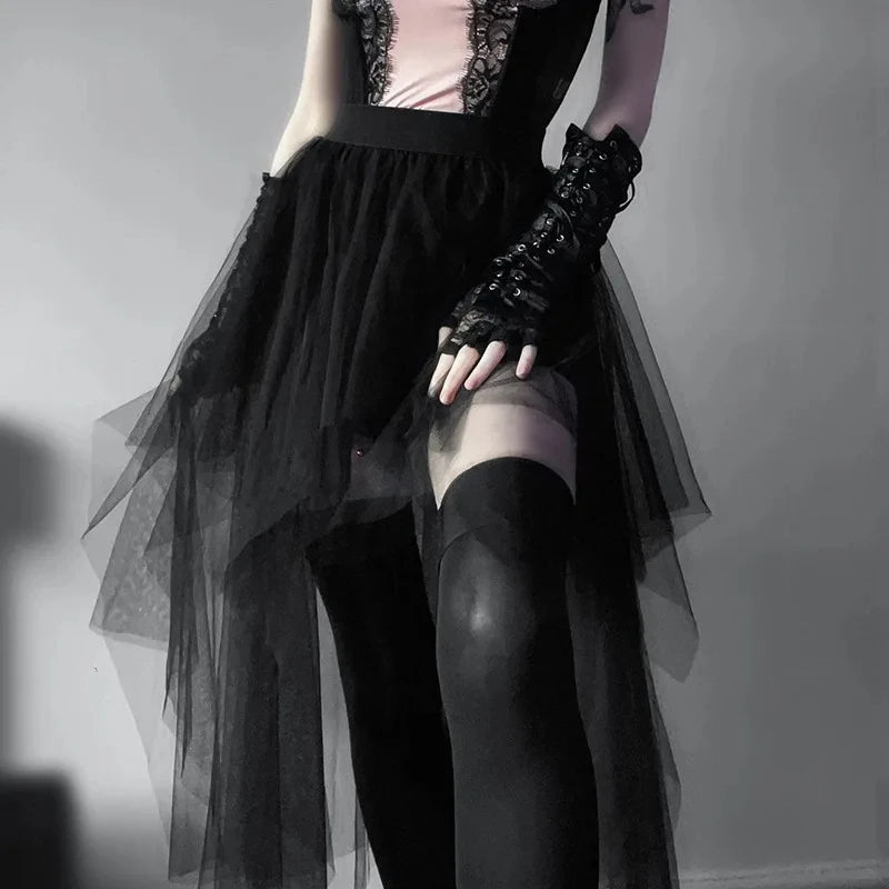 Casual Skirts Punk Sexy Net Yarn High-Waisted Irregular Skirt for Women Summer New European and American Gothic Style Versatile
