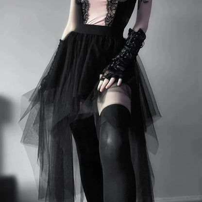 Casual Skirts Punk Sexy Net Yarn High-Waisted Irregular Skirt for Women Summer New European and American Gothic Style Versatile