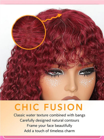 Glueless 200% Density 99J Burgundy Full Machine Made Deep Wave Wig with Bangs Water Wave Red Curly Human Hair Wigs Wear and Go
