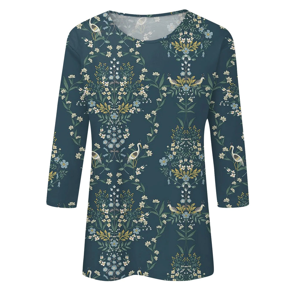 2024 Women Summer Tops Comfortable T Shirt Fashion Flower Print Round Neck 3/4 Sleeve Tops Soft Versatile Pullover Ropa De Mujer