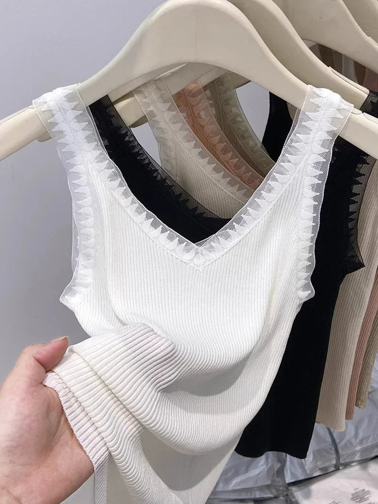 Women Summer Fashion Thin Knitted Undershirt Sleeveless Corset Top Half High Neck Comfortable Breathable Lace Tank Top 2025