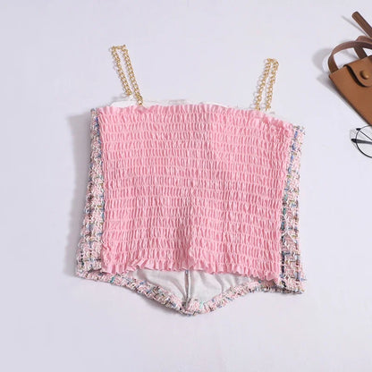 Women Summer Tweed Chain Chic Tank Tops Buttons Off Shoulder with Bra Pad Crop Tops Pleated Sexy Backless Sleeveless Sweet Camis